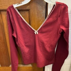 OFFLINE By Aerie Women's Real Me XTRA Rib Open V-Neck T-Shirt AC2 Cherry Small